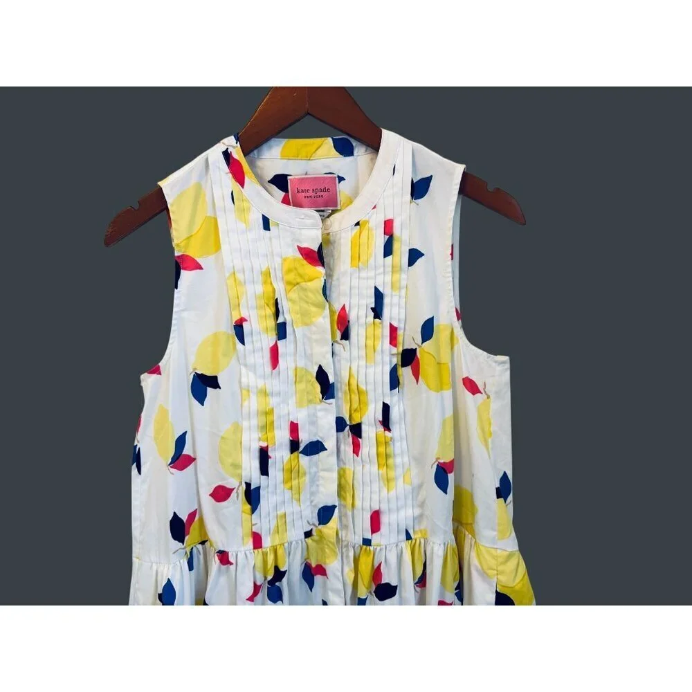Kate Spade White Yellow Lemon Zest Pleated High Neck Summer Button Up Mini Dress